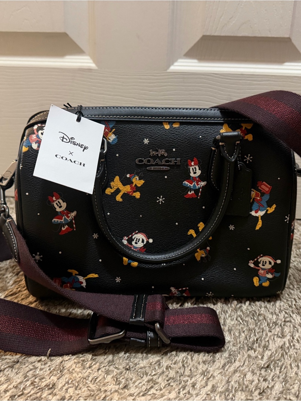 Coach Disney Black Minnie & Mickey Printed Satchel with Burgundy Strap